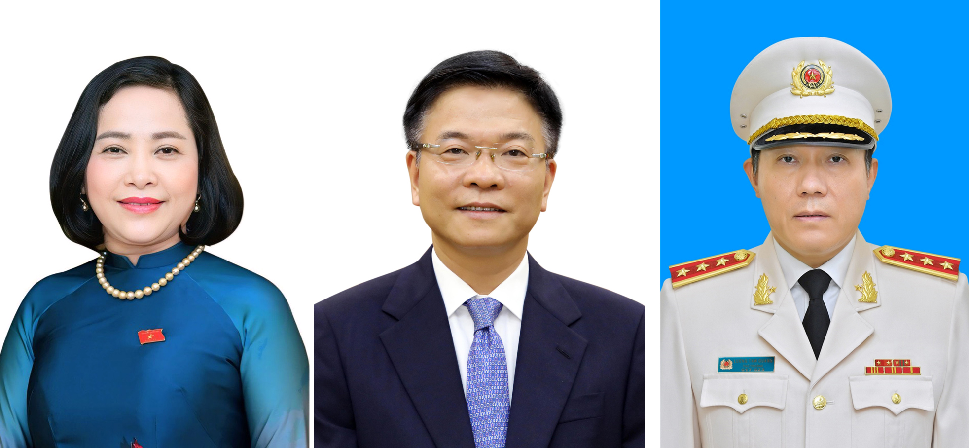 Từ trái qua phải: Phó Chủ tịch Quốc hội Nguyễn Thị Thanh, Phó Thủ tướng Chính phủ Lê Thành Long, Bộ trưởng Bộ Công an Lương Tam Quang.