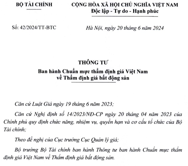 Đã có Thông tư 42/2024/TT-BTC: Chuẩn mực thẩm định giá Việt Nam về Thẩm định giá bất động sản