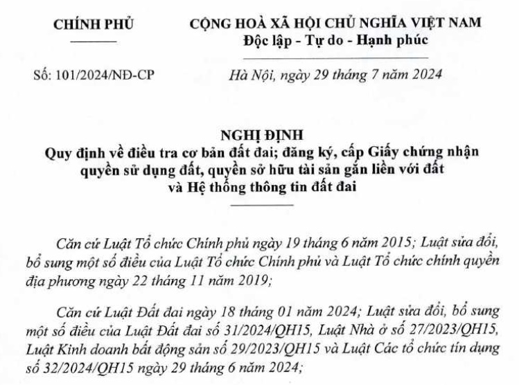 Đã có Nghị định 101/2024/NĐ-CP quy định về cấp sổ đỏ/sổ hồng từ 01/8/2024