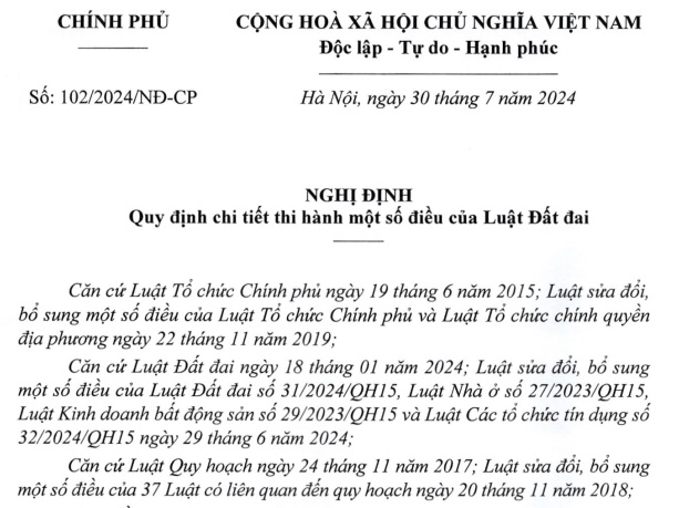 Đã có Nghị định 102 hướng dẫn Luật Đất đai 2024 từ 01/8/2024