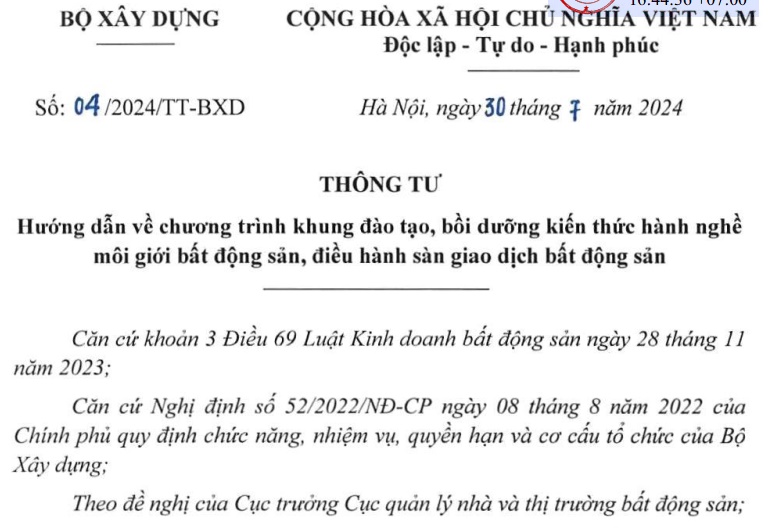 Đã có Thông tư 04/2024/TT-BXD về chương trình đào tạo mô giới bất động sản từ 01/8/2024