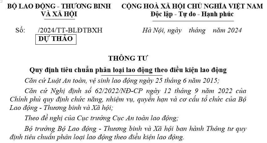 Đã có dự thảo Thông tư về tiêu chuẩn phân loại lao động theo điều kiện lao động mới (thay thế Thông tư 29/2021/TT-BLĐTBXH)