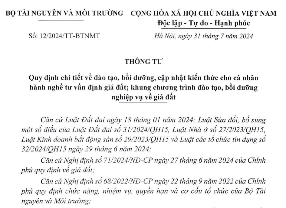 Đã có Thông tư 12 về đào tạo hành nghề tư vấn định giá đất