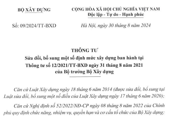 Đã có Thông tư 09 sửa định mức xây dựng từ 15/10/2024