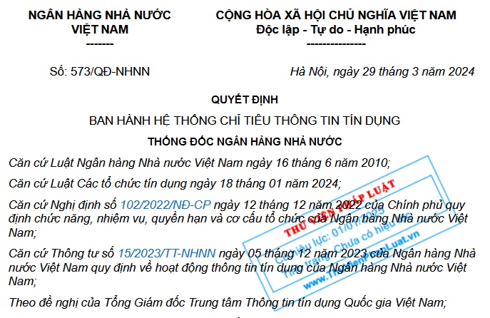 Đã có Quyết định 573 về hệ thống chỉ tiêu thông tin tín dụng từ 01/01/2025