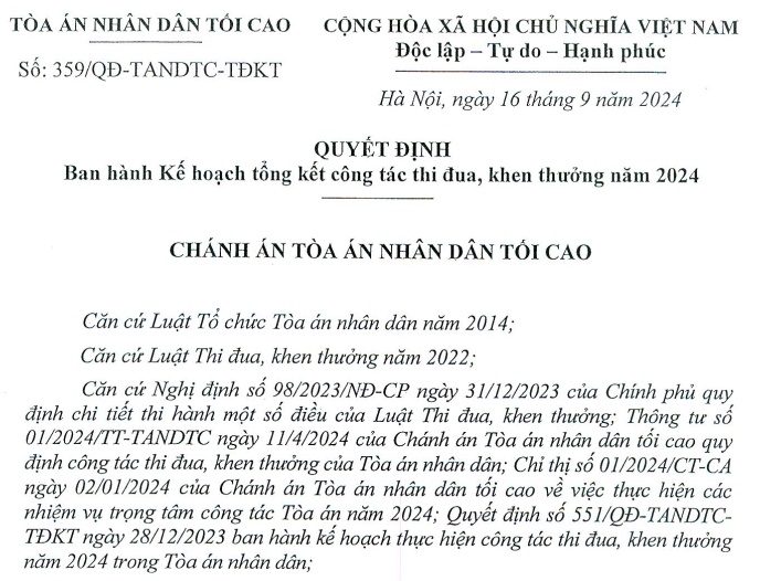 Đã có Quyết định 359 về Kế hoạch tổng kết công tác thi đua, khen thưởng năm 2024 trong Tòa án nhân dân