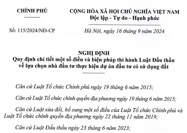 Đã Nghị định 115 hướng dẫn lựa chọn nhà đầu tư thực hiện dự án đầu tư có sử dụng đất