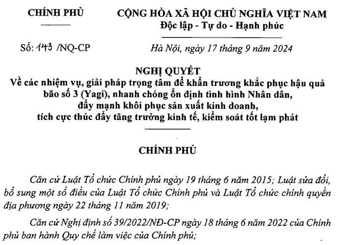 Đã có Nghị quyết 143 của Chính phủ về khắc phục hậu quả bão số 3 (Yagi)