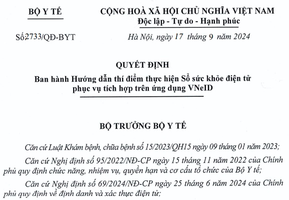 Đã có Quyết định 2733 hướng dẫn thí điểm thực hiện Sổ sức khỏe điện tử VNeID