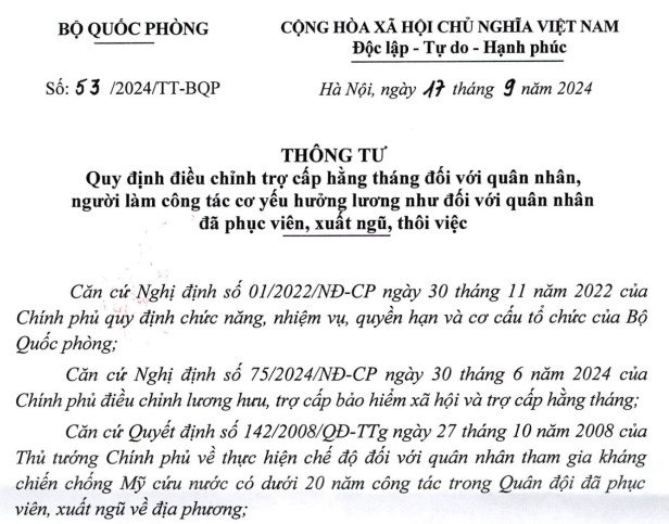 Đã có Thông tư 53 về tăng mức trợ cấp hằng tháng với quân nhân đã phục viên, xuất ngũ, thôi việc