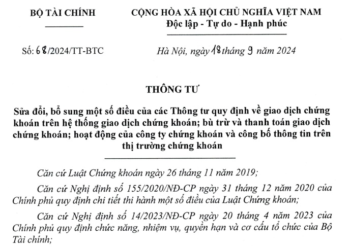 Đã có Thông tư 68 sửa đổi các Thông tư hướng dẫn giao dịch chứng khoán