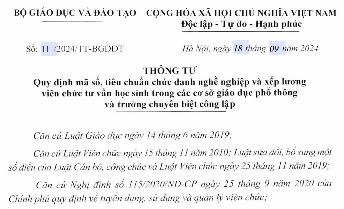 Đã có Thông tư 11 về tiêu chuẩn viên chức tư vấn học trong cơ sở giáo dục phổ thông công lập