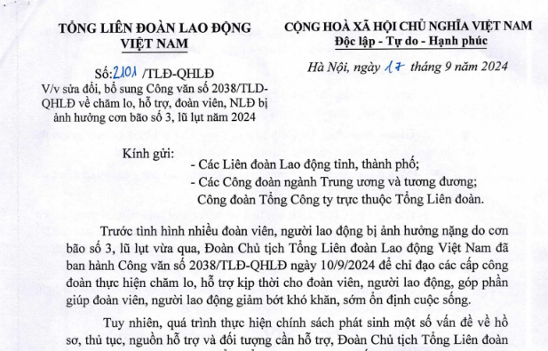 Công văn 2101 hỗ trợ đoàn viên, người lao động bị ảnh hưởng bão số 3