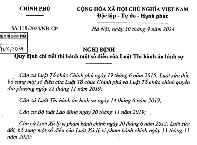 Đã có Nghị định 118/2024 hướng dẫn Luật Thi hành án hình sự