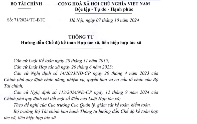 Đã có Thông tư 71/2024 hướng dẫn chế độ kế toán hợp tác xã mới nhất