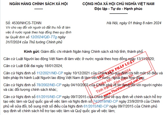 Công văn 4530 hướng dẫn cho vay đối với người có đất thu hồi đi làm việc ở nước ngoài theo hợp đồng