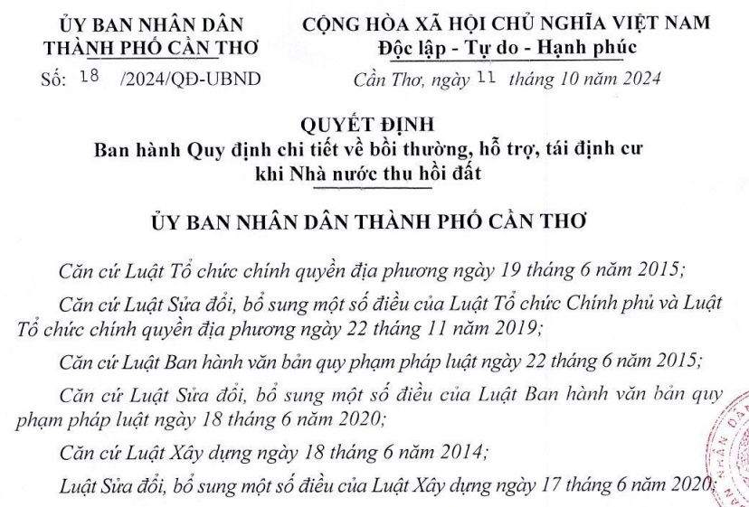 Đã có Quyết định 18/2024 về bồi thường khi thu hồi đất tại Cần Thơ