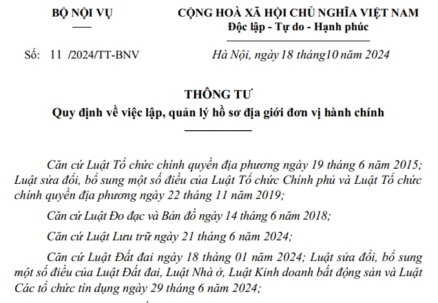 Đã có Thông tư 11/2024 về lập hồ sơ địa giới đơn vị hành chính từ 18/10/2024