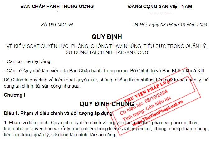 Đã có Quy định 189 về phòng chống tham nhũng trong sử dụng tài sản công