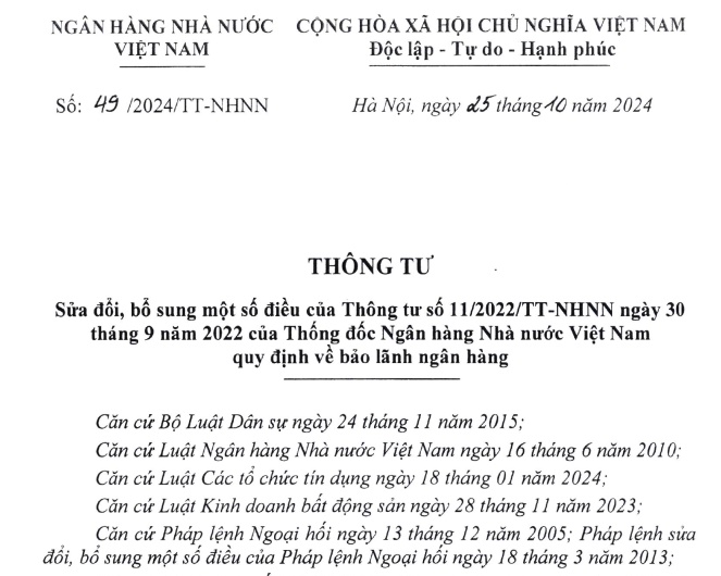 Đã có Thông tư 49/2024 sửa quy định bảo lãnh ngân hàng từ 10/12/2024