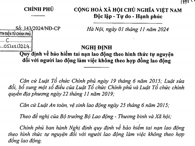 Đã có Nghị định 143/2024 về bảo hiểm tai nạn lao động tự nguyện từ 01/01/2025