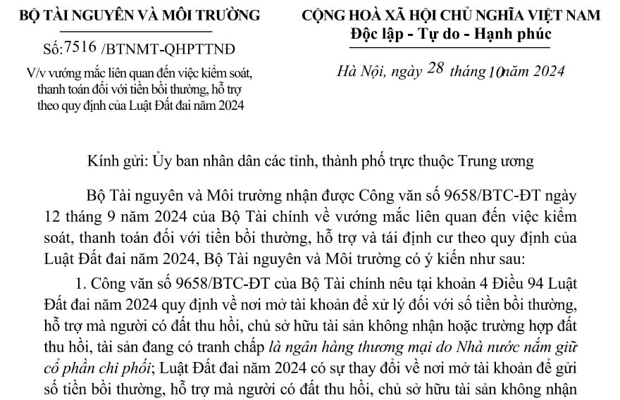 Đã có Công văn 7516 về thanh toán tiền bồi thường theo Luật Đất đai 2024