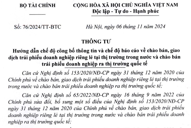 Đã có Thông tư 76/2024 hướng dẫn chế độ báo cáo giao dịch trái phiếu doanh nghiệp