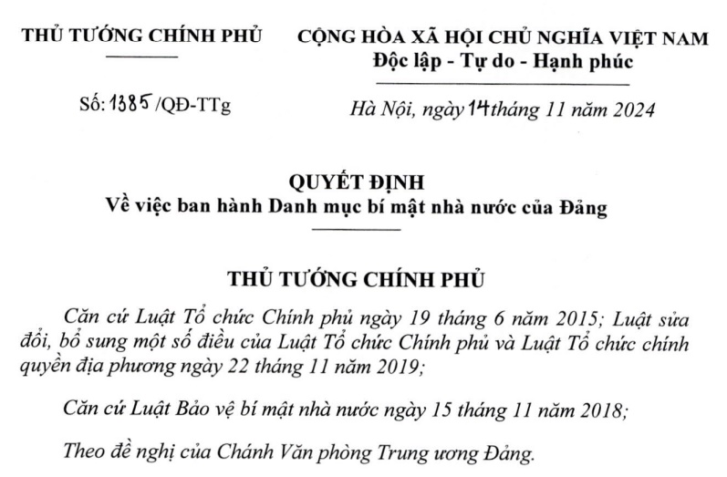 Đã có Quyết định 1385 về Danh mục bí mật nhà nước của Đảng từ 14/11/2024