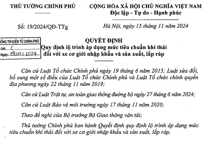 Đã có Quyết định 19/2024 về lộ trình áp dụng mức tiêu chuẩn khí thải xe cơ giới