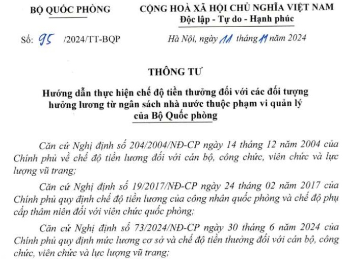 Đã có Thông tư 95/2024 về chế độ tiền thưởng của sĩ quan, quân nhân chuyên nghiệp