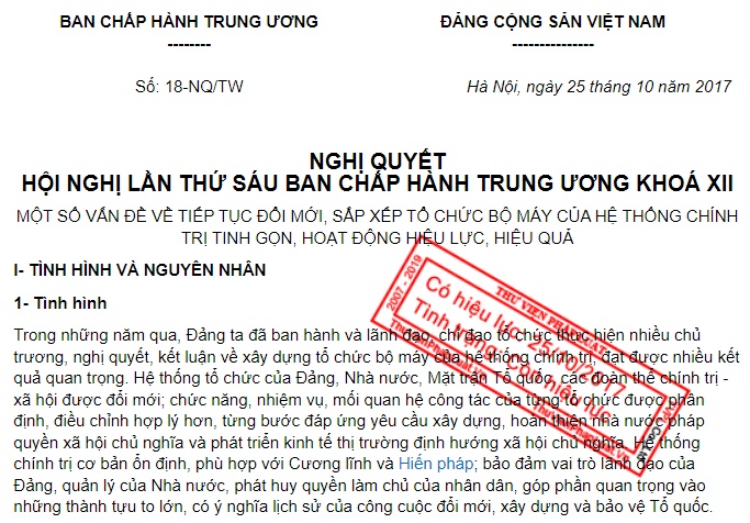 Nghị quyết nào của Đảng liên quan đến tinh gọn tổ chức bộ máy?