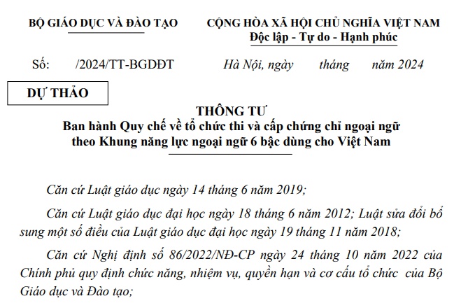 Dự thảo Thông tư về Quy chế thi đánh giá năng lực ngoại ngữ