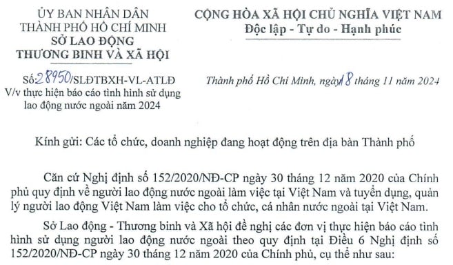 Đã có Công văn 28950 về báo cáo tình hình sử dụng lao động nước ngoài 6 tháng cuối năm 2024 tại TPHCM