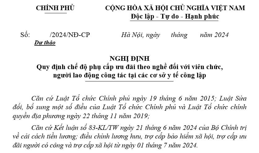 Dự thảo Nghị định về phụ cấp ưu đãi theo nghề của viên chức, người lao động ở các cơ sở y tế công lập