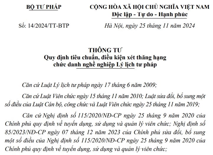 Đã có Thông tư 14/2024 về xét thăng hạng chức danh nghề nghiệp Lý lịch tư pháp