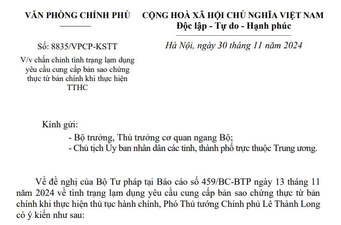 Đã có Công văn 8835 về yêu cầu cung cấp bản sao chứng thực từ bản chính khi thực hiện thủ tục hành chính