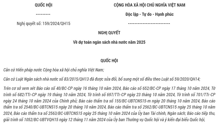 Đã có Nghị quyết 159/2024 về dự toán ngân sách nhà nước năm 2025