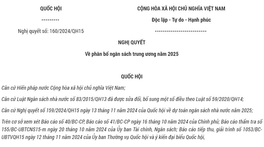 Đã có Nghị quyết 160/2024 về phân bổ ngân sách trung ương năm 2025