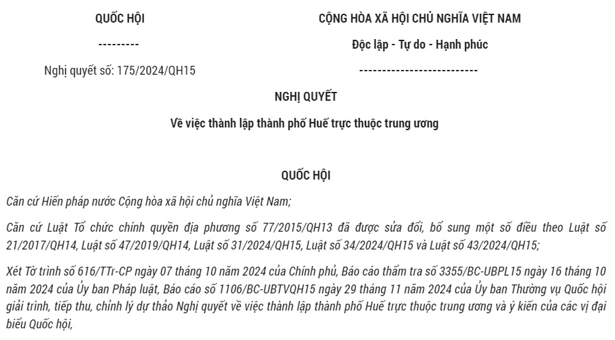 Đã có Nghị quyết 175/2024 về thành lập thành phố Huế trực thuộc trung ương