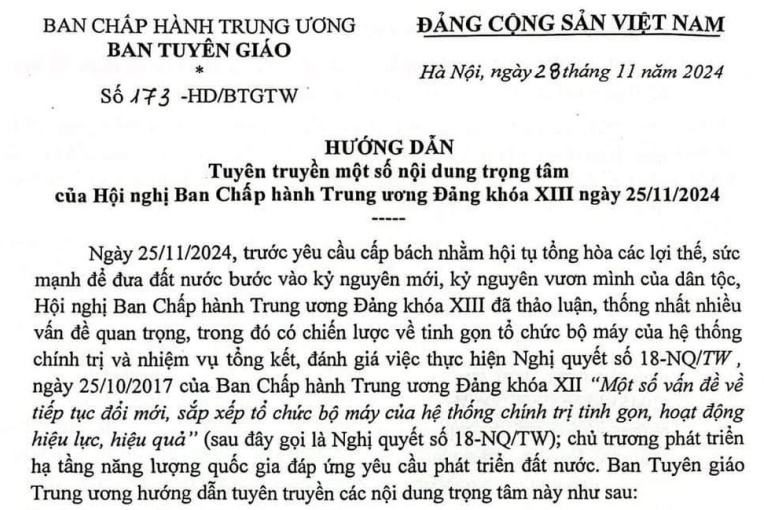 Đã có Hướng dẫn 173 về tuyên truyền nội dung trọng tâm của Hội nghị Ban Chấp hành Trung ương ngày 25/11/2024