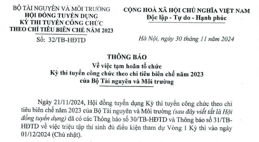 Đã có Thông báo 32 về hoãn thi tuyển công chức của Bộ Tài nguyên và Môi trường