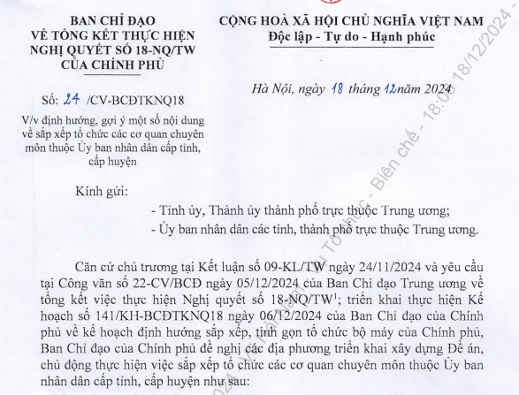 Đã có Công văn 24 về định hướng tinh gọn bộ máy ở UBND cấp tỉnh, cấp huyện