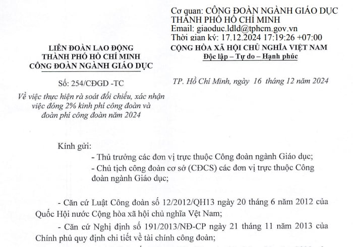 Công văn 254 về rà soát việc đóng 2% kinh phí công đoàn trong ngành giáo dục tại TPHCM