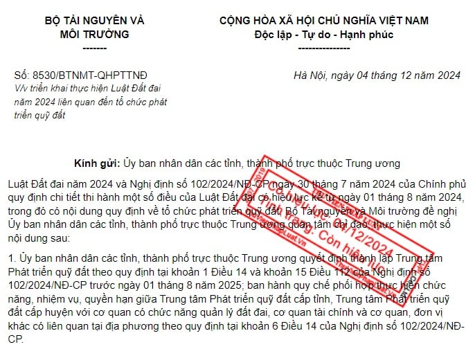 Đã có Công văn 8530 liên quan đến tổ chức phát triển quỹ đất