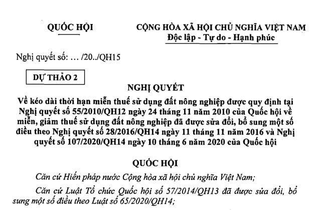 Đã có Dự thảo Nghị quyết của Quốc hội về kéo dài thời hạn miễn thuế sử dụng đất nông nghiệp