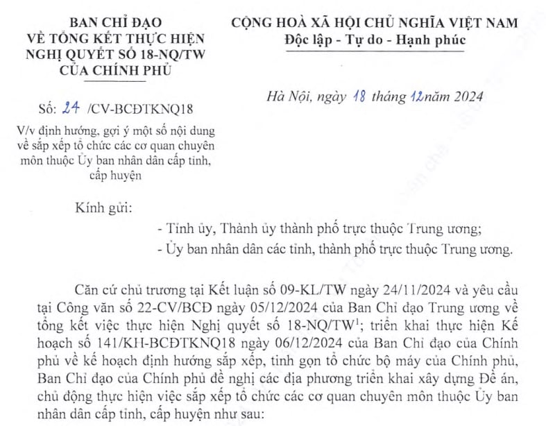 Đã có Công văn 24 về định hướng tinh gọn bộ máy ở UBND cấp tỉnh, cấp huyện