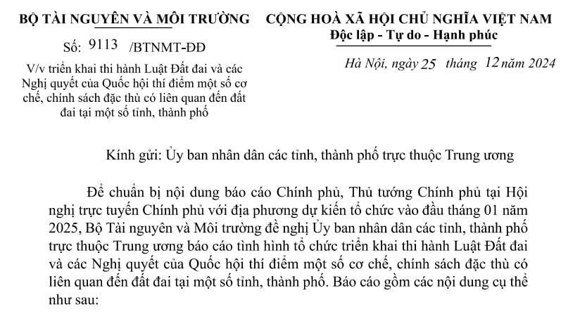 Đã có Công văn 9113 về triển khai Luật Đất đai và các Nghị quyết thí điểm chính sách đặc thù về đất đai tại một số tỉnh thành