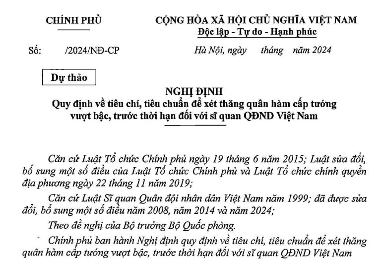 Dự thảo Nghị định về tiêu chuẩn xét thăng quân hàm cấp tướng vượt bậc, trước thời hạn đối với sĩ quan