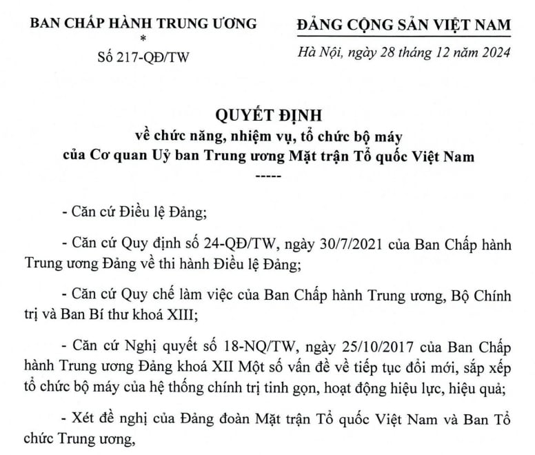 Đã có Quyết định 217 về tổ chức bộ máy của Cơ quan Ủy ban Trung ương Mặt trận Tổ quốc Việt Nam