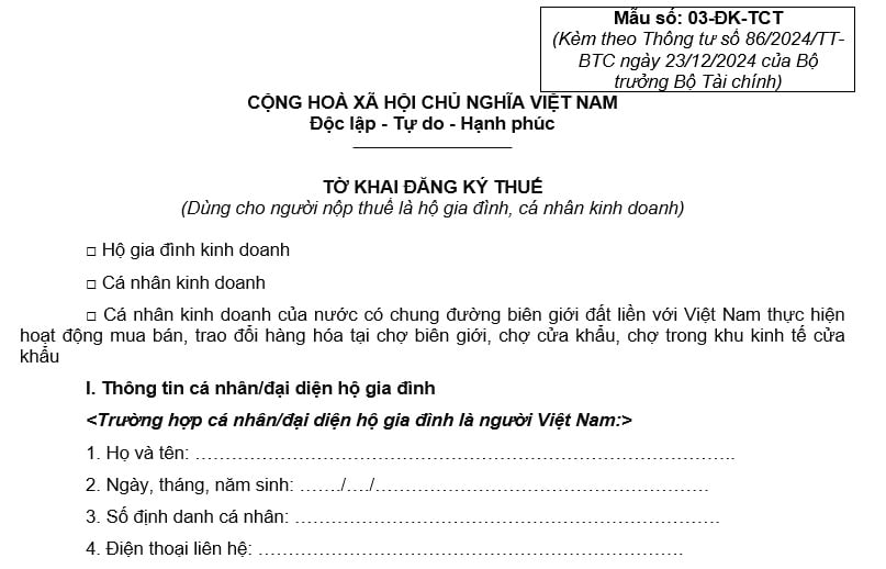 Mẫu 03-ĐK-TCT: Mẫu tờ khai đăng ký thuế cho hộ gia đình, cá nhân kinh doanh năm 2025